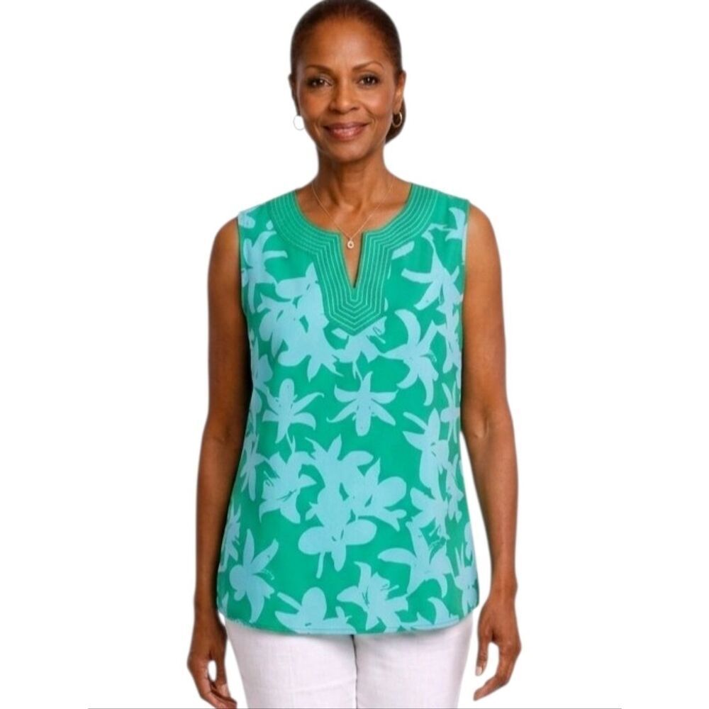 Liz Claiborne Green & Blue Floral Split V-neck Sleeveless Blouse Size M